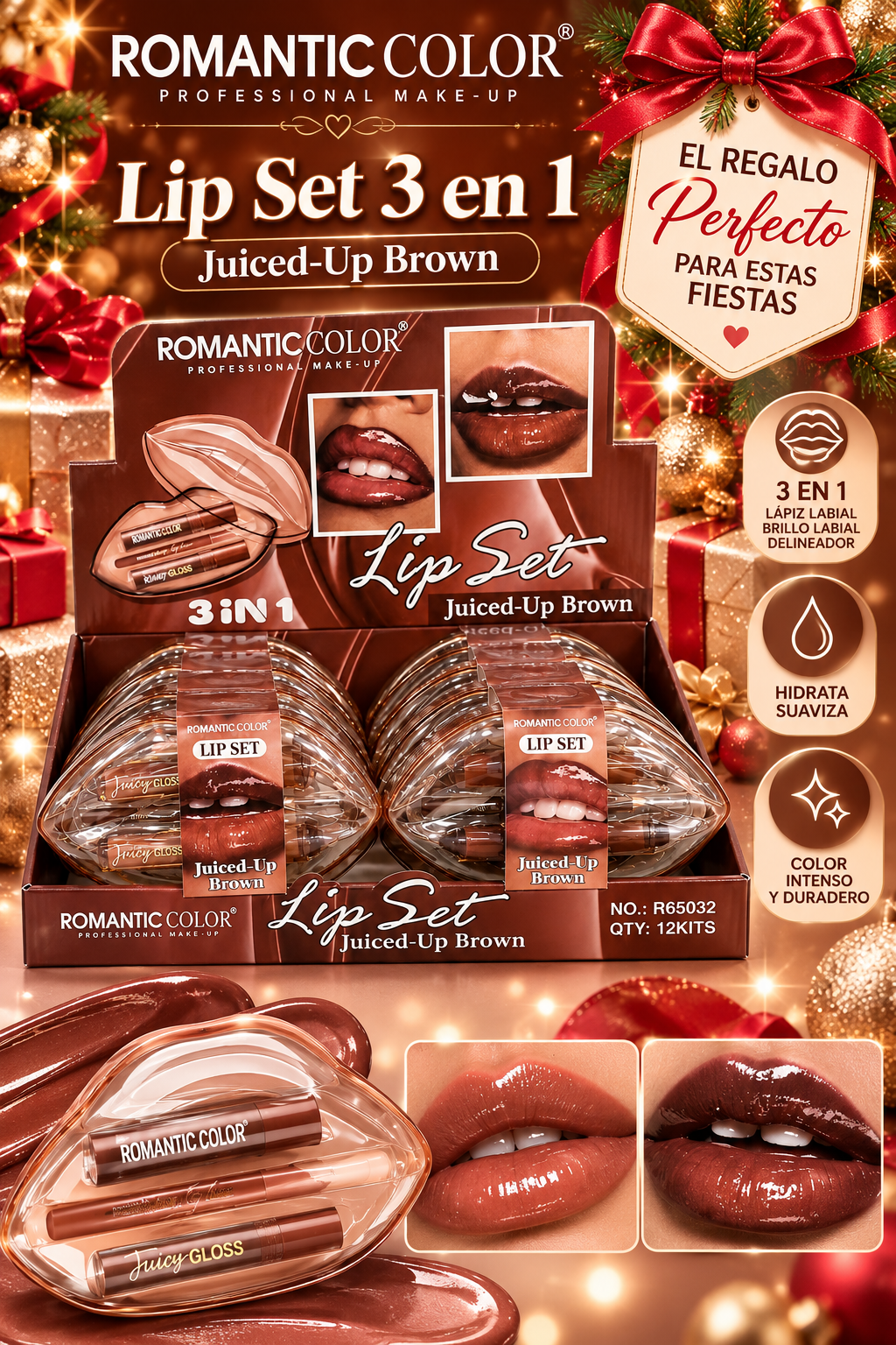 ROMANTIC COLOR Lip Set 3 in 1 Juiced Lip Brown / 12pcs Display