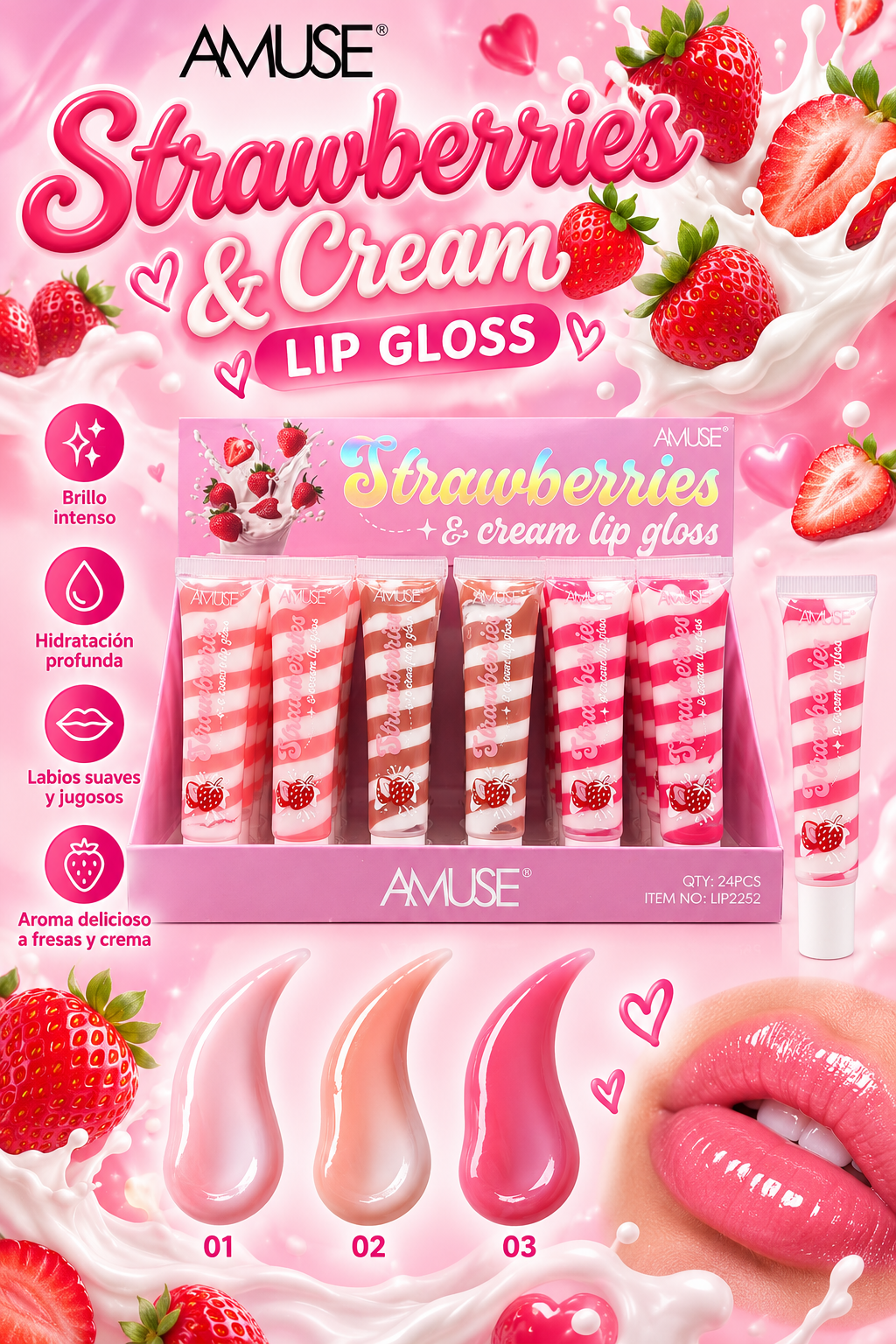 AMUSE Strawberries & Cream Lipgloss / 24pcs Display