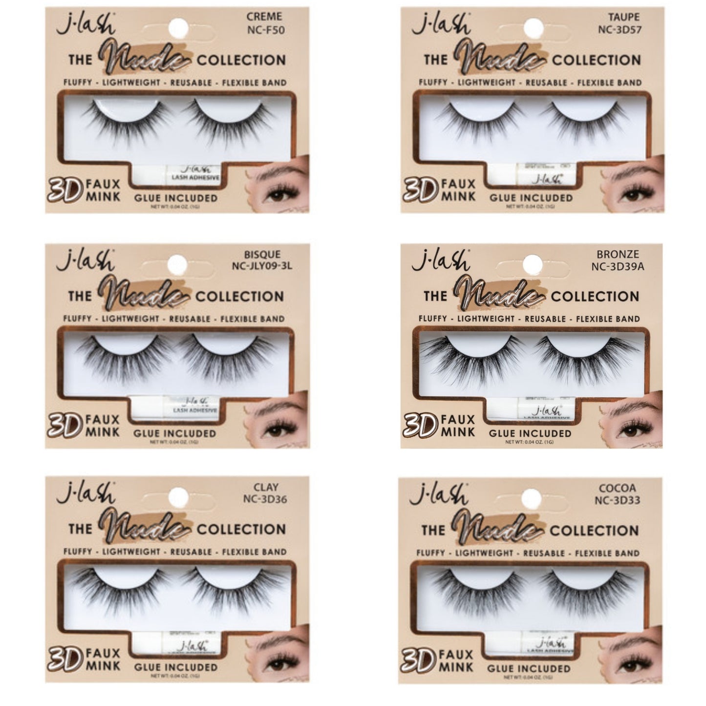JLASH - THE NUDE COLLECTION - 3D FAUX MINK & LASH GLUE - SET A / 36PCS DISPLAY