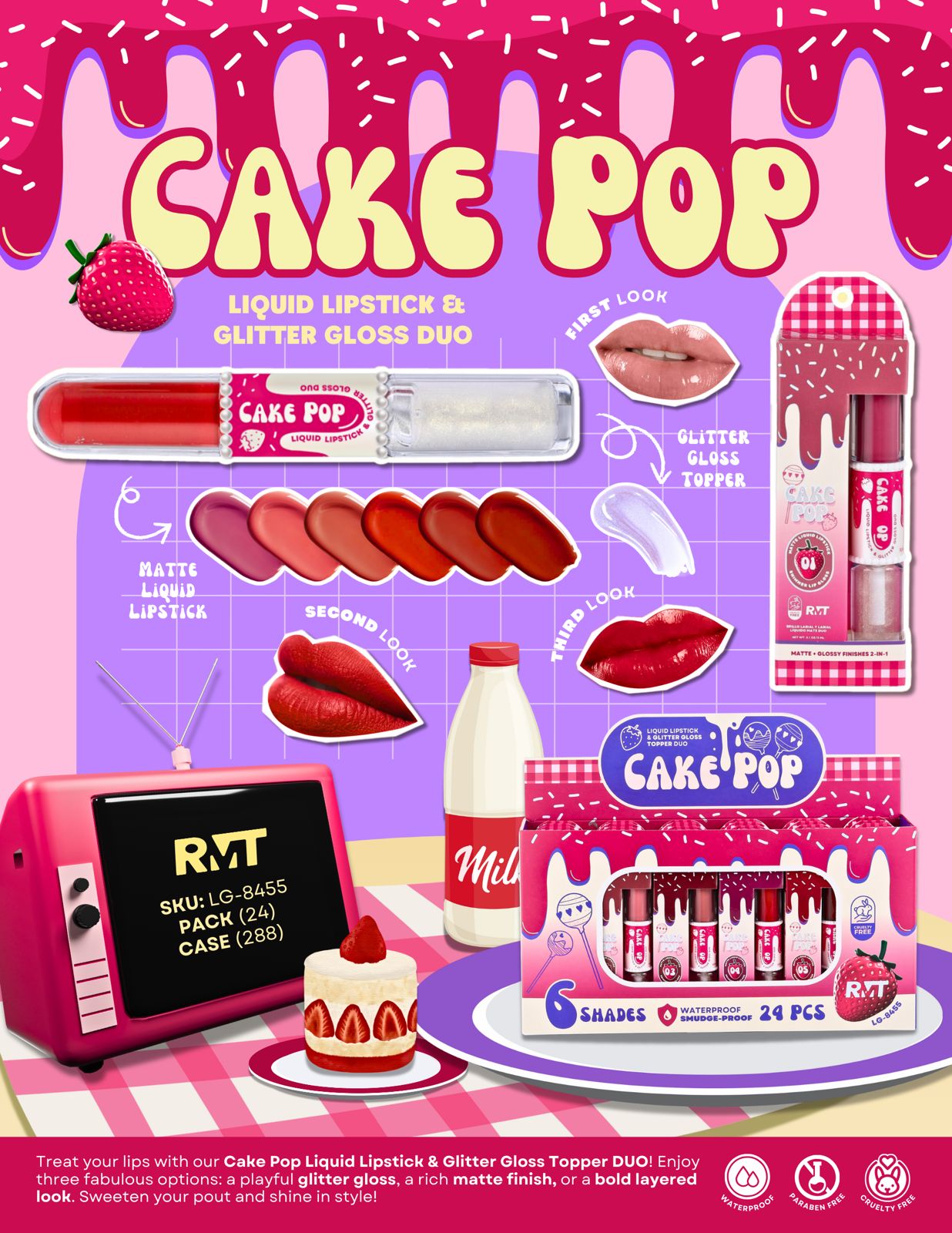 ROMANTIC BEAUTY Cake Pop Matte Liquid Lipstick & Glitter Gloss Topper Duo #LG-8455 | 24pcs Display