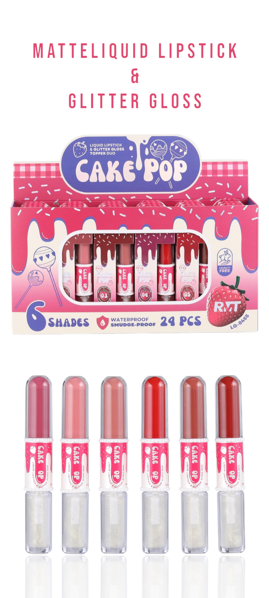 ROMANTIC BEAUTY Cake Pop Matte Liquid Lipstick & Glitter Gloss Topper Duo #LG-8455 | 24pcs Display
