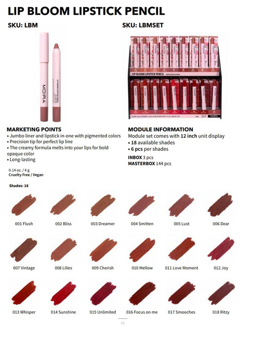 MOIRA Lip Bloom Lipstick Pencil LBMSET w/Display 108pcs Display + Tester