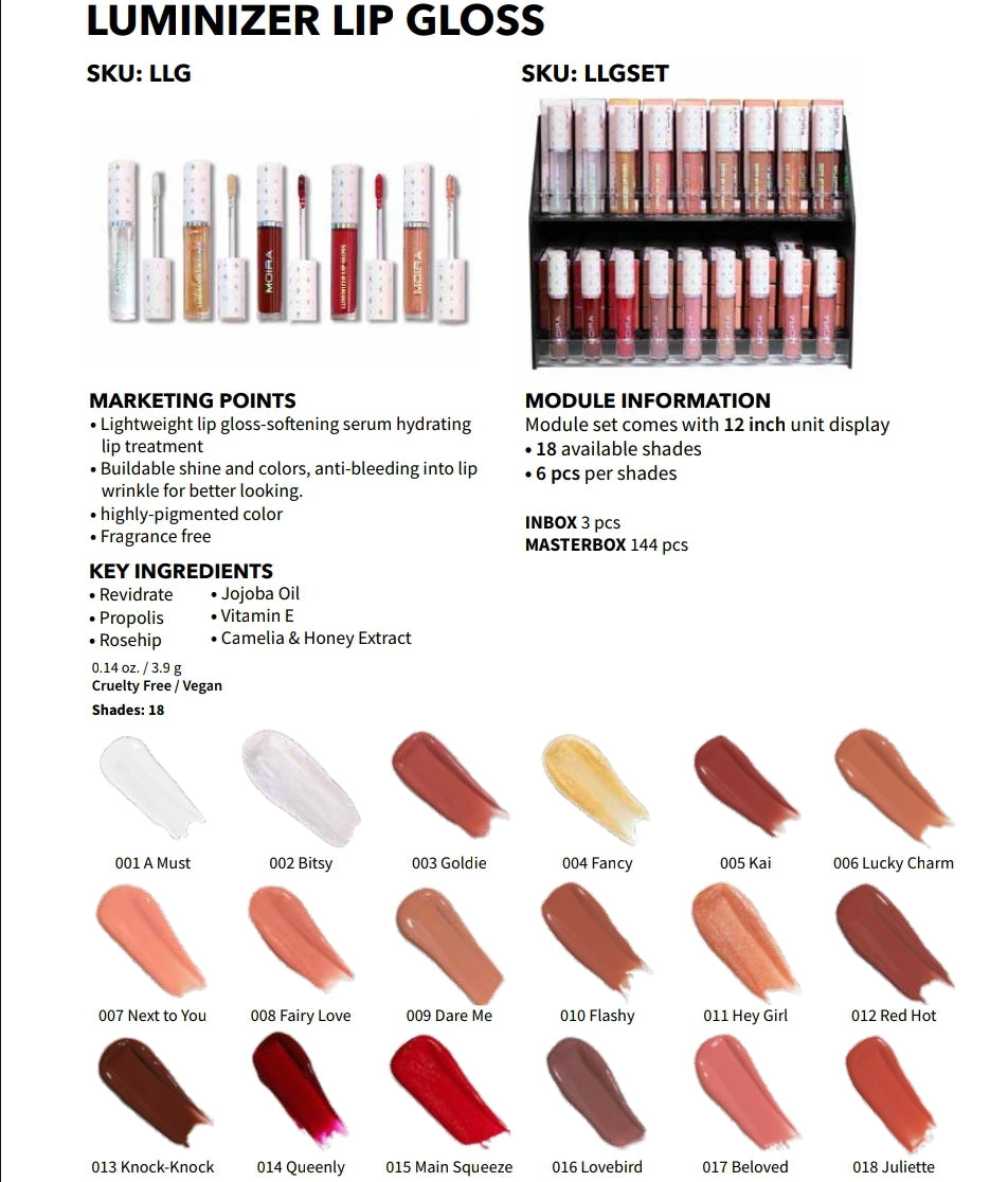 MOIRA Luminizer Lip Gloss #LLGSET W/Display 108pcs Display + Tester
