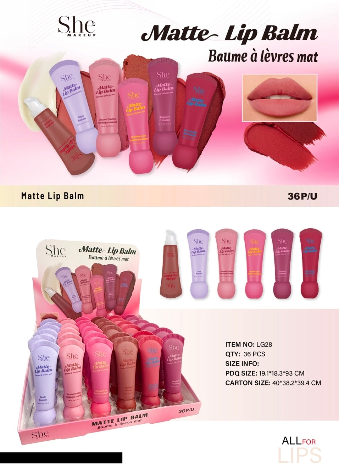 SHE MAKEUP Matte Lipbalm / 36pcs Display