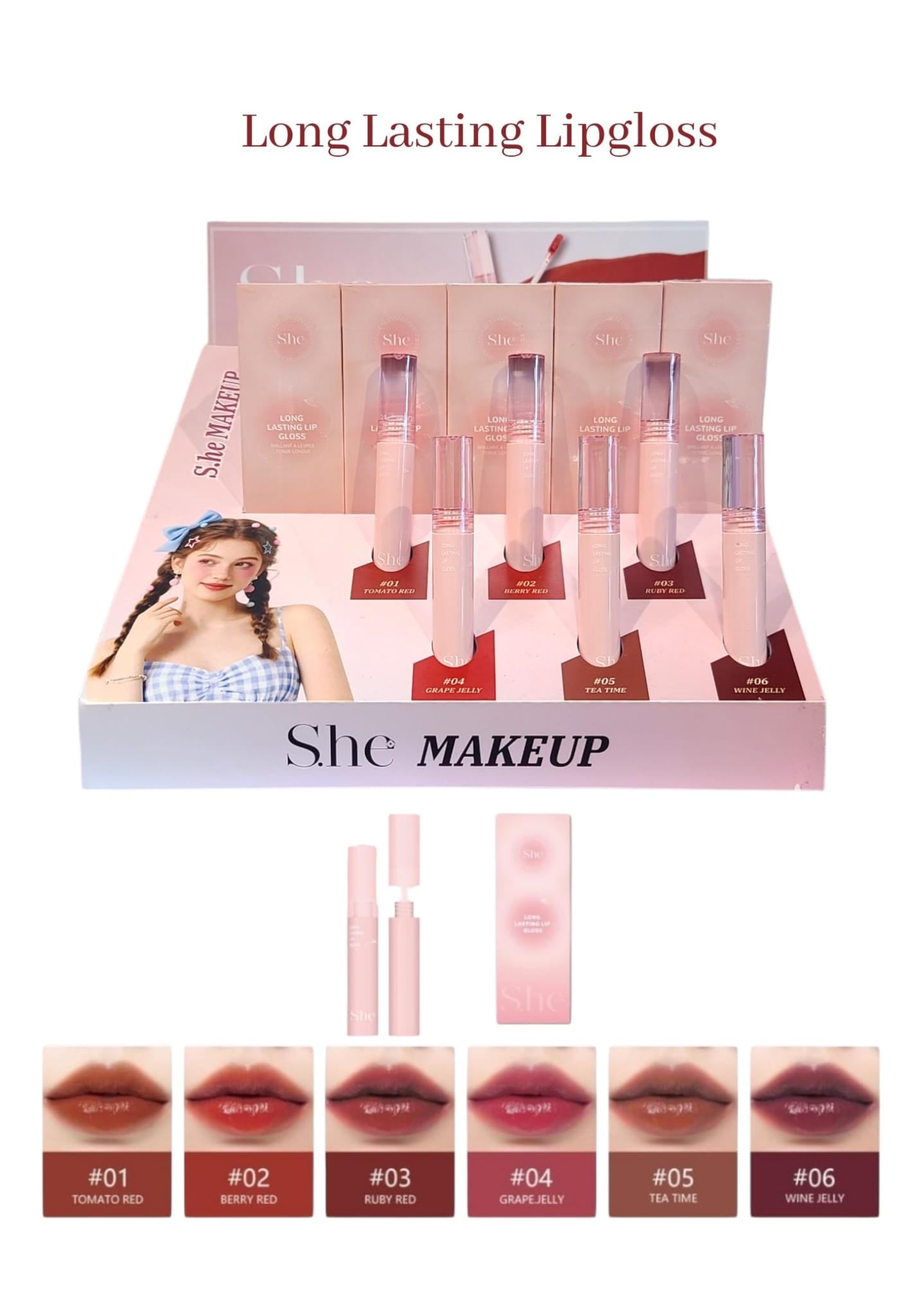 SHE MAKEUP Long-lasting Color Lipgloss 24pcs Display + Tester
