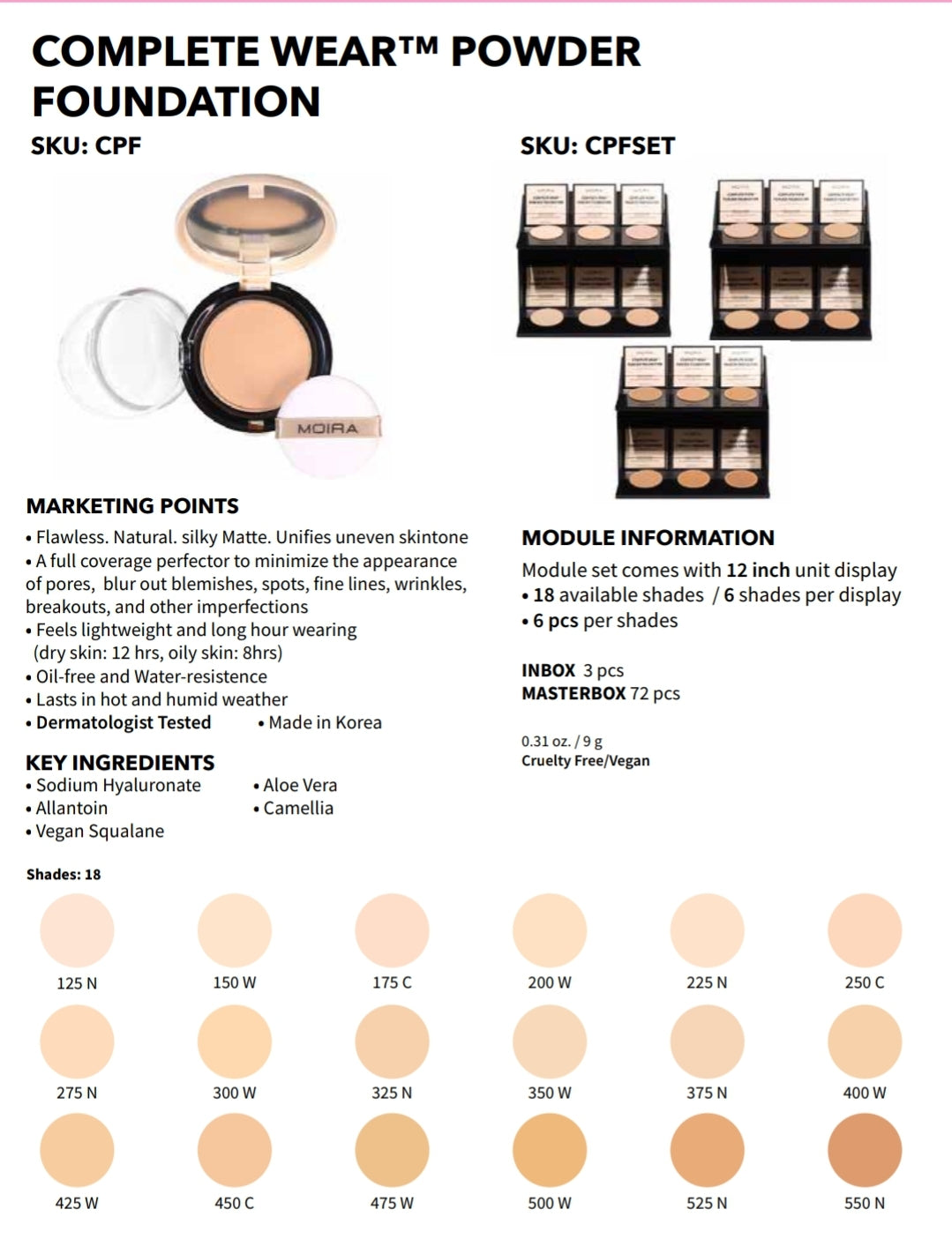 MOIRA Complete Wear Foundation Powder #CPFSET w/ Display + Tester