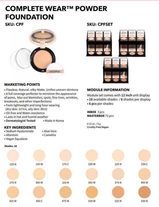 MOIRA Complete Wear Foundation Powder #CPFSET w/ Display + Tester