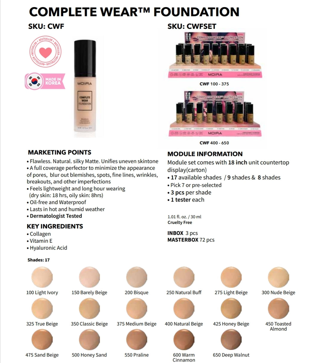 MOIRA Complete Wear Foundation #WCFSETB w/ Display 24pcs Display + Tester