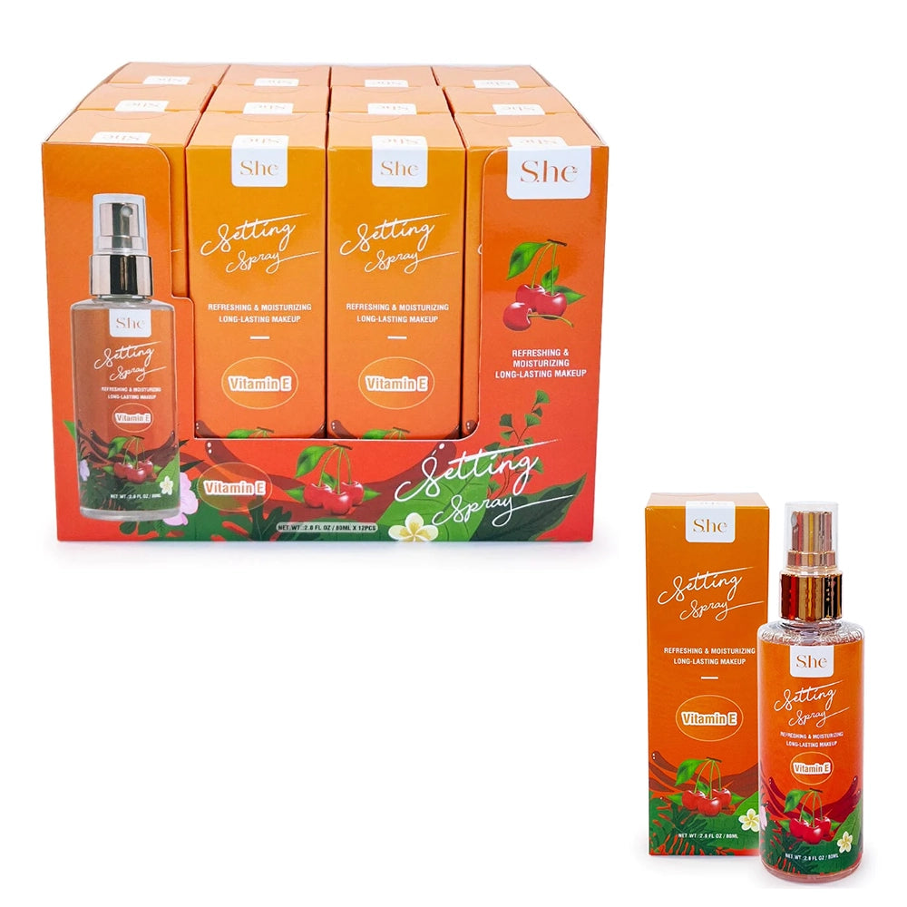 SHE SETTING SPRAY- REFRESHING & MOSTURIZING LONG - LASTING MAKEUP - VITAMINA E / 12PCS DISPLAY