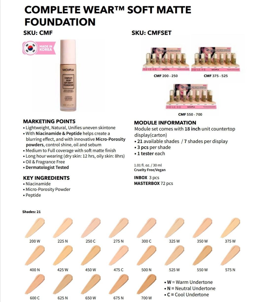 MOIRA Complete Wear Soft Matte Foundation Set A w/Display 21pcs Display + tester