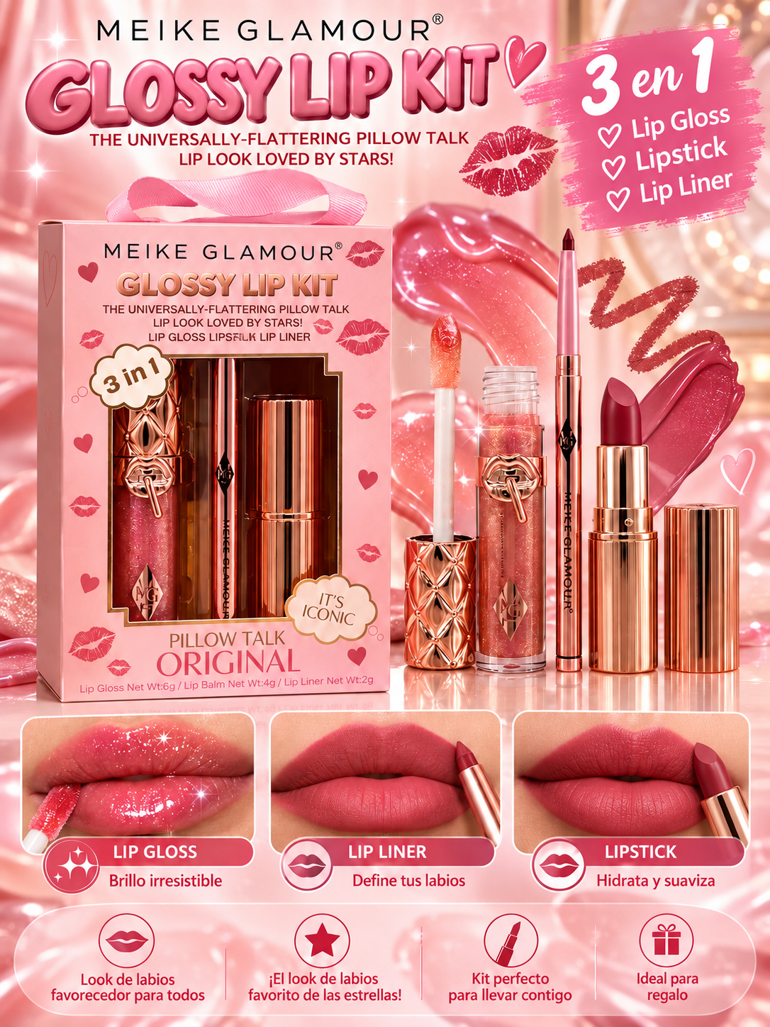 MEIKE GLAMOUR Glossy Lip Kit 3 in 1 / 12 Set Display