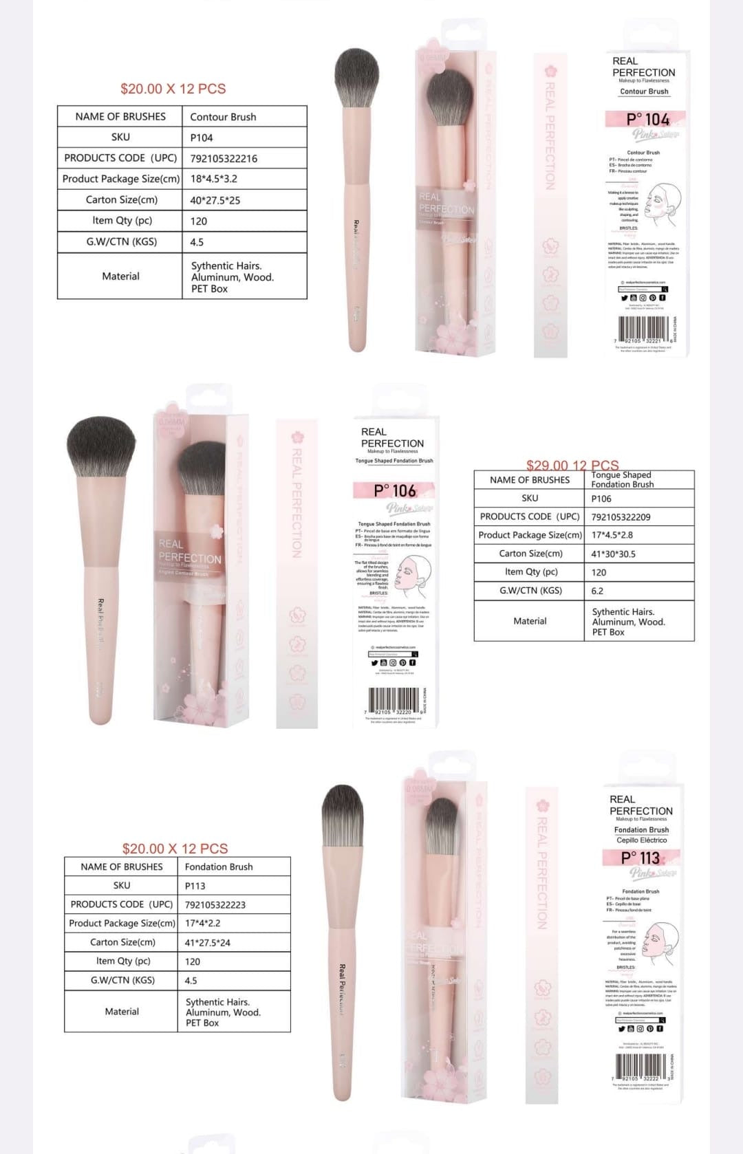 REAL PERFECTION Pink Sakura Makeup Brush w/Display 132pcs Display