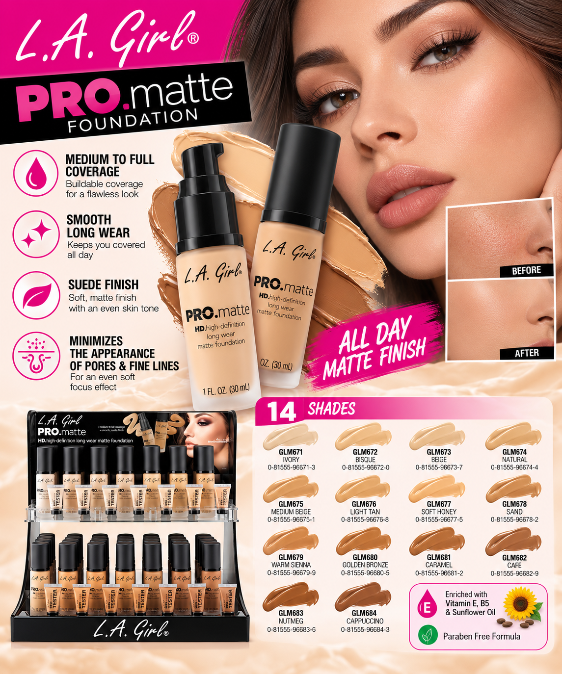 LA GIRLS Base de Maquillaje Pro Matte con Exhibidor / Exhibidor de 84 piezas GCD266.1