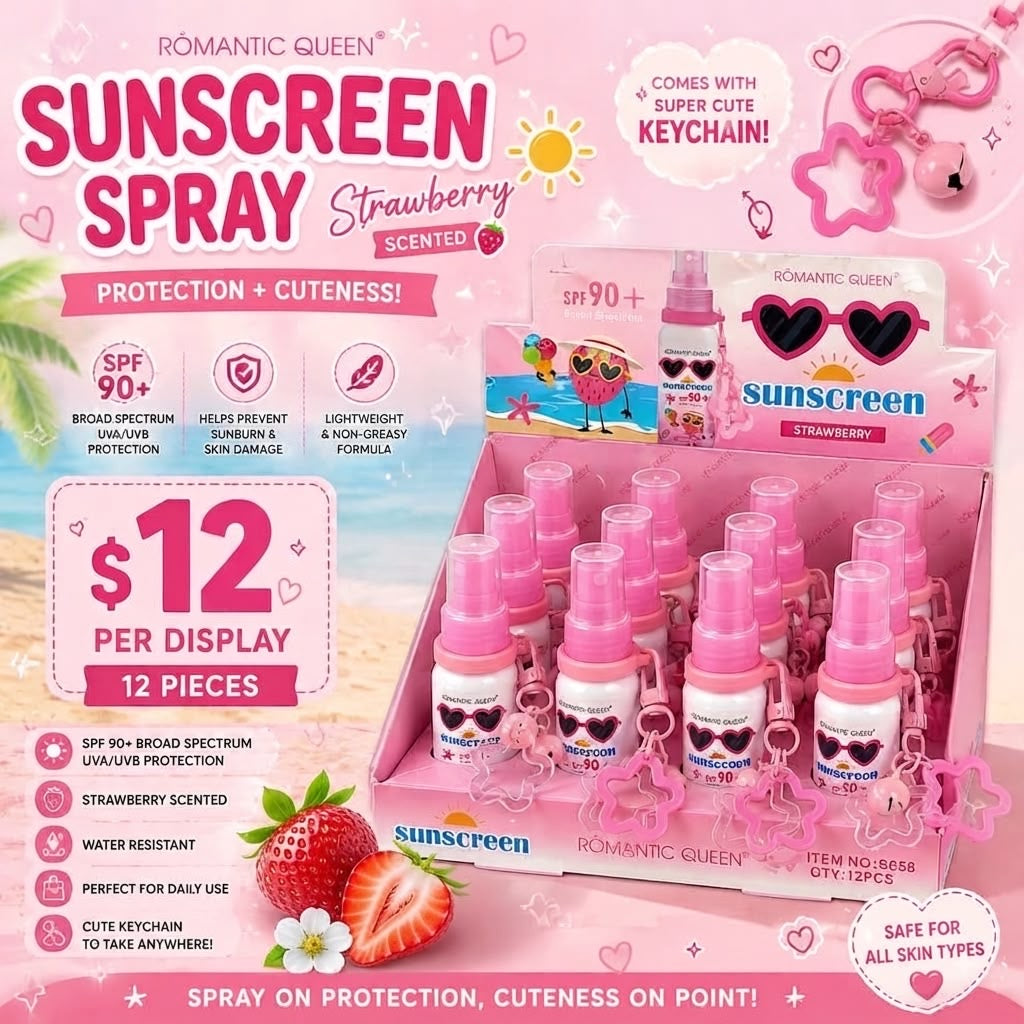 ROMANTIC QUEEN Keychain Sunscreen Spray SPF 90+ / 12pcs Display