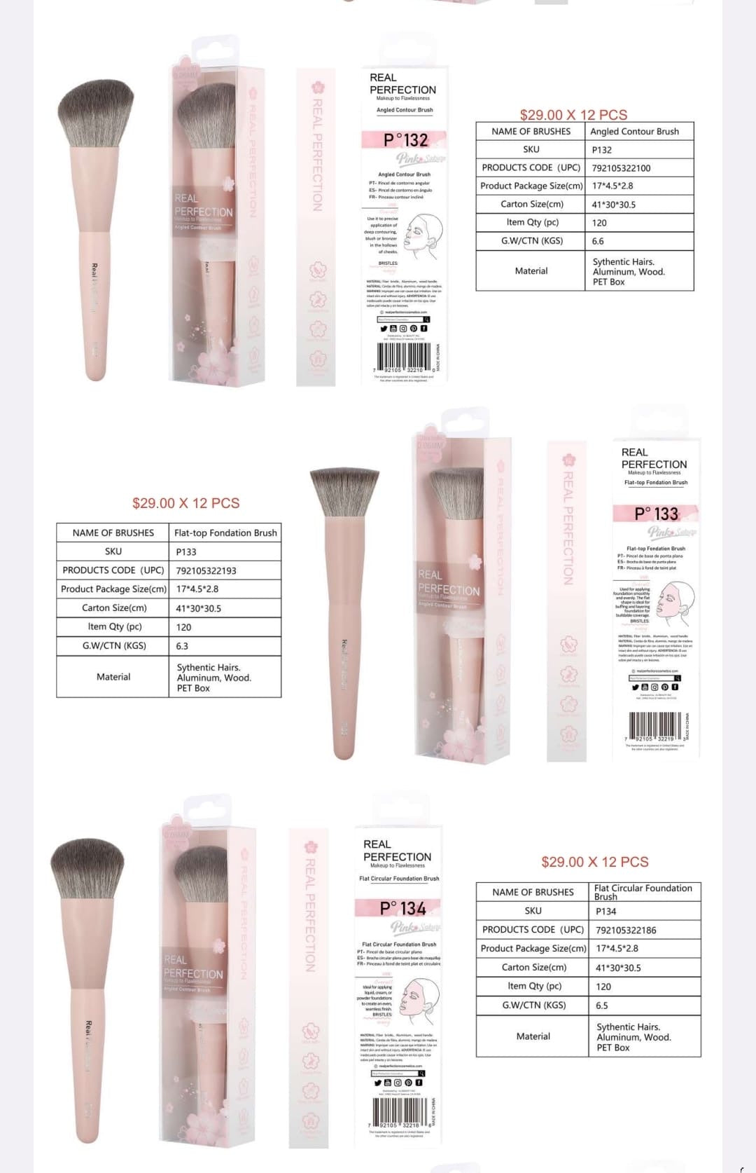 REAL PERFECTION Pink Sakura Makeup Brush w/Display 132pcs Display