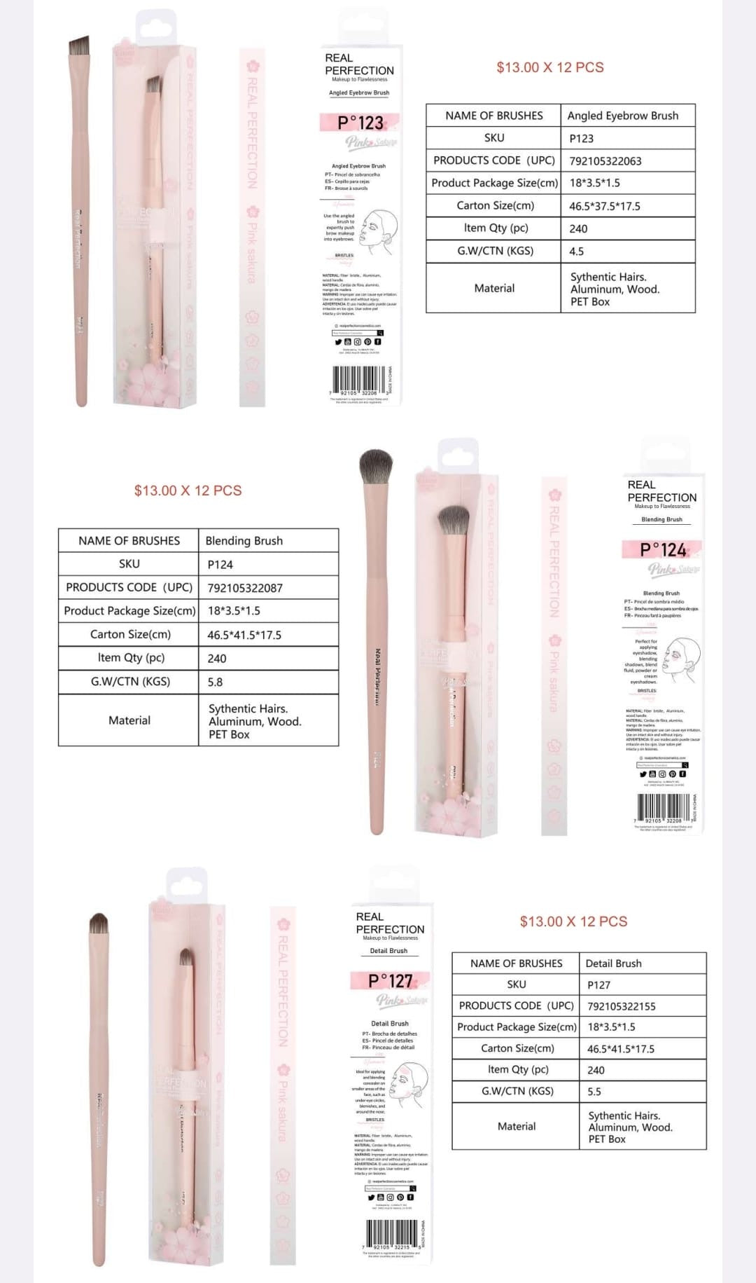 REAL PERFECTION Pink Sakura Makeup Brush w/Display 132pcs Display