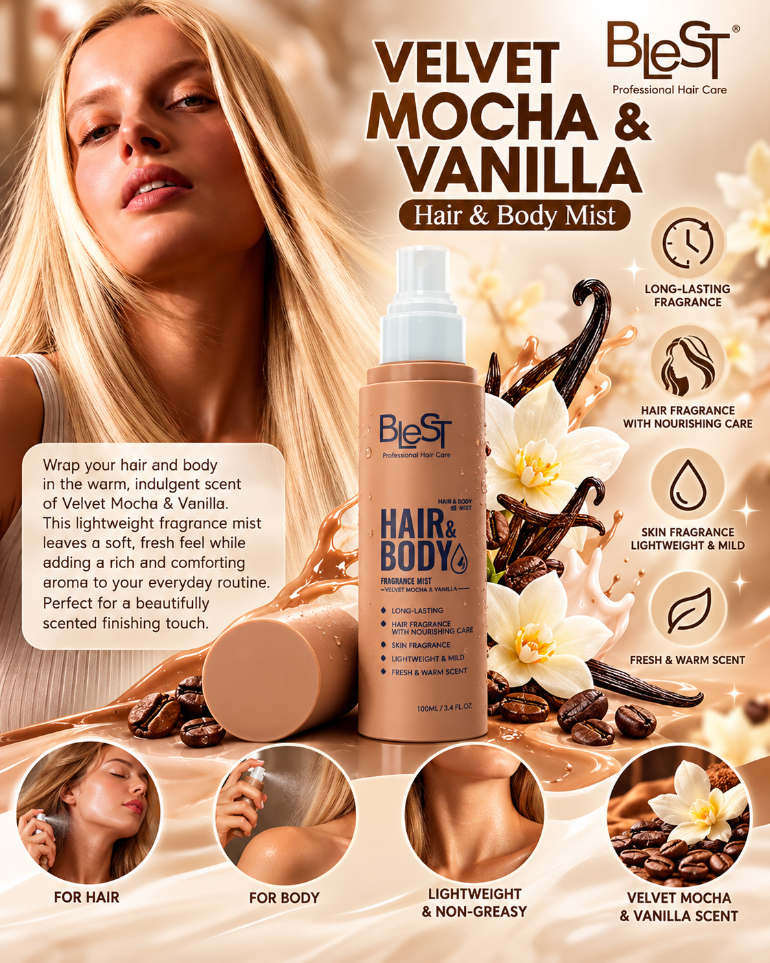 BLEST Velvet - Mocha - Vanilla  Hair & Body Mist / 12pcs Display