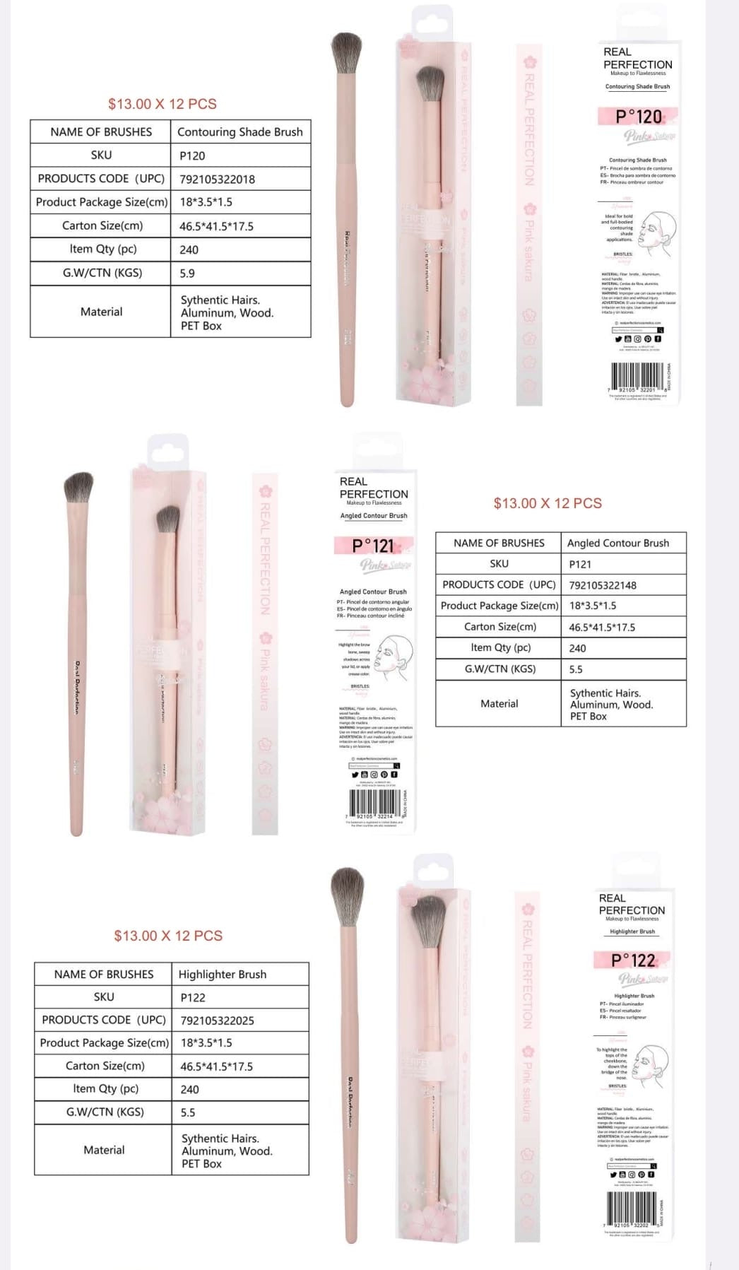 REAL PERFECTION Pink Sakura Makeup Brush w/Display 132pcs Display
