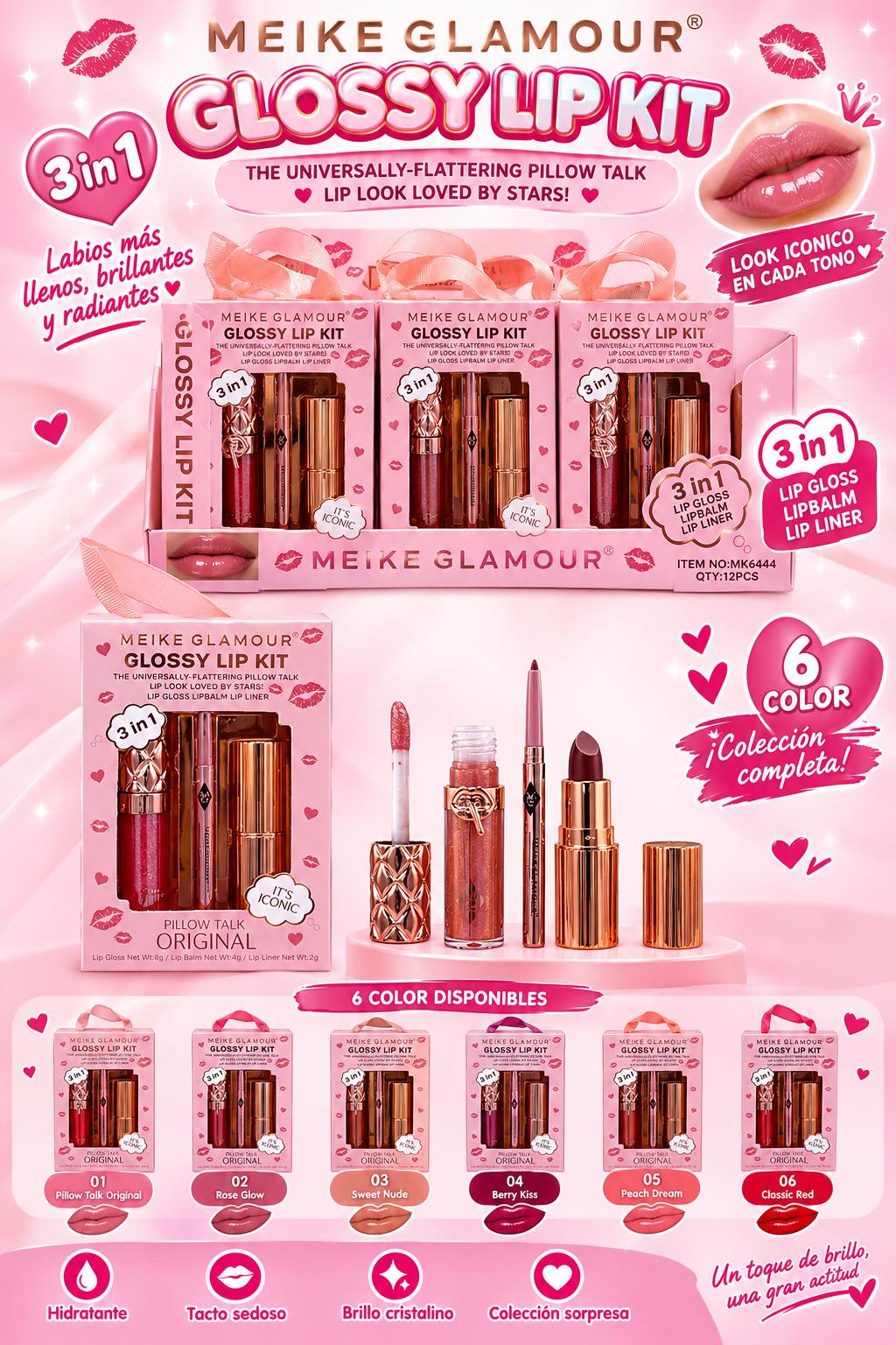 MEIKE GLAMOUR Glossy Lip Kit 3 in 1 / 12 Set Display