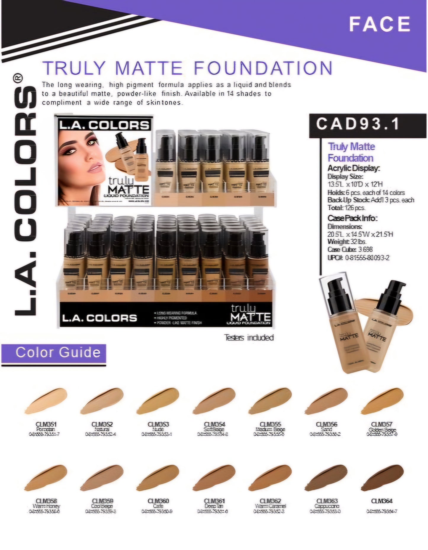 LA COLORS  CAD93.1 Truly Matte Foundation w/ Display / 126pcs display