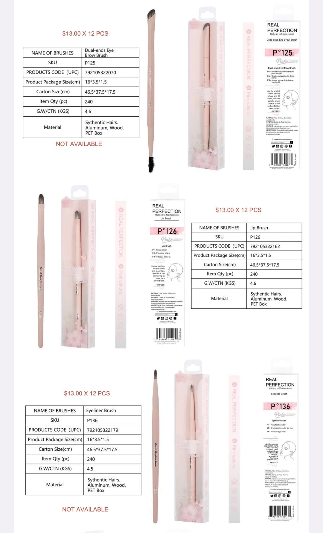 REAL PERFECTION Pink Sakura Makeup Brush w/Display 132pcs Display