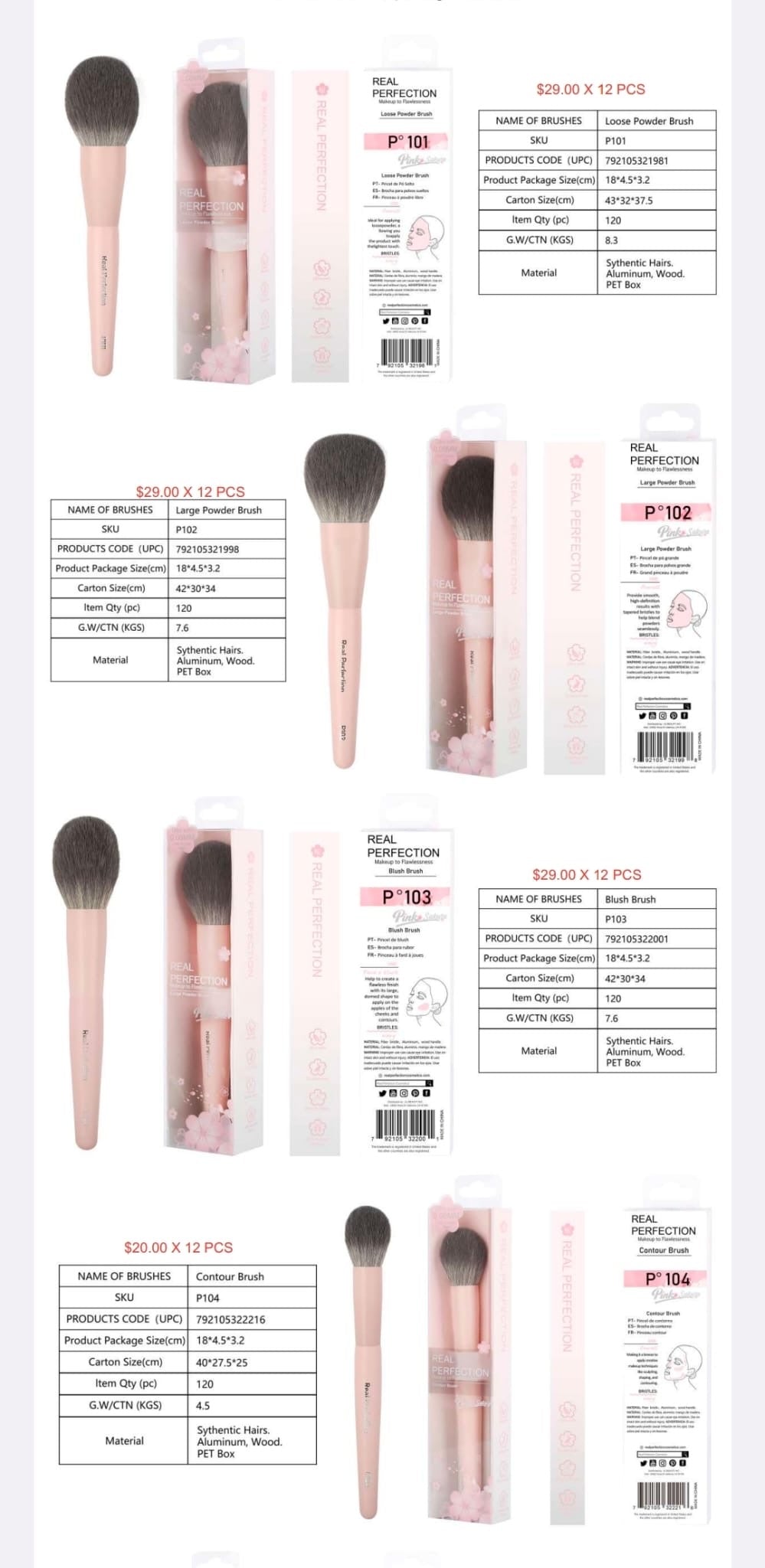 REAL PERFECTION Pink Sakura Makeup Brush w/Display 132pcs Display