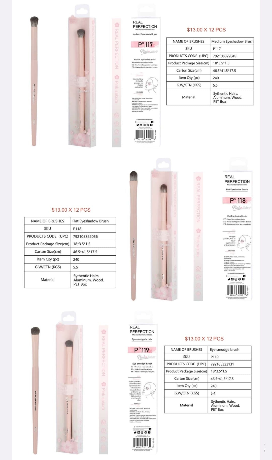 REAL PERFECTION Pink Sakura Makeup Brush w/Display 132pcs Display