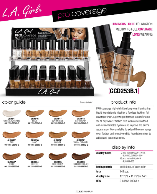 LA GIRL HD PRO Coverage Foundation #GCD253B.1 w/ Display 144pcs Display