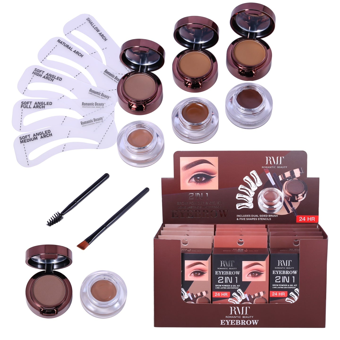 Romantic Beauty - 2 en 1 Brow Powder & Gel Kit # BP2102 / 12pcs Display