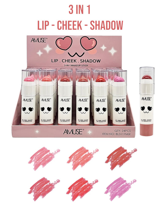 Amuse - 3 en 1 Makeup Stick Lip - Cheek - Shadow  #BL3117MIX / 24pcs Display