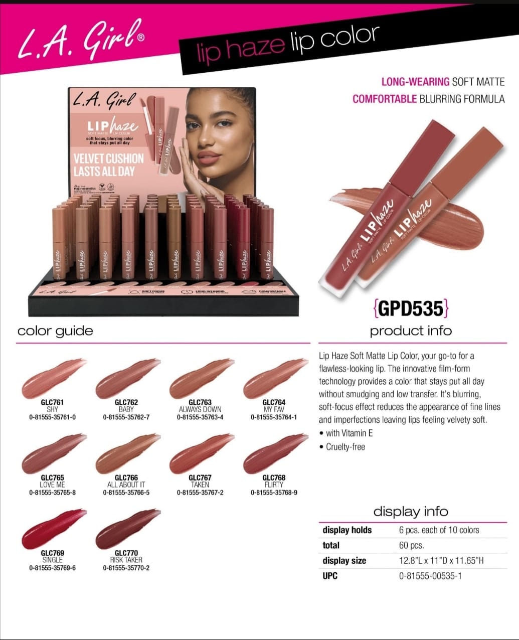 LA GIRL  Lip Haze Soft matte Lip Color - Last all Day #GPD535B / 60pcs display