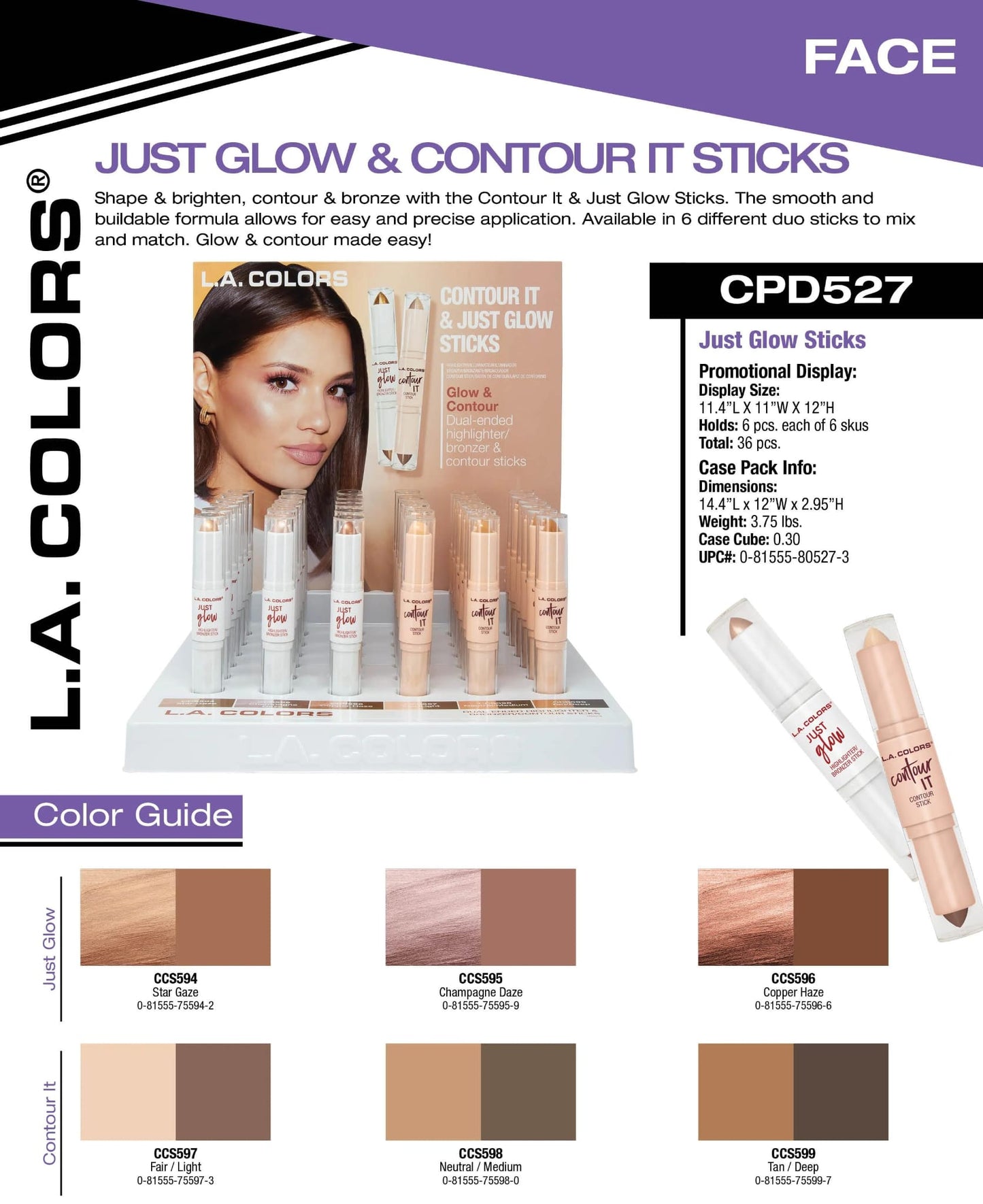 L.A. COLORS Contour it & Just Glow Stick - Dual-Ended Highlighter  & Bronzer / Contour Sticks #CPD527B / 36pcs Display