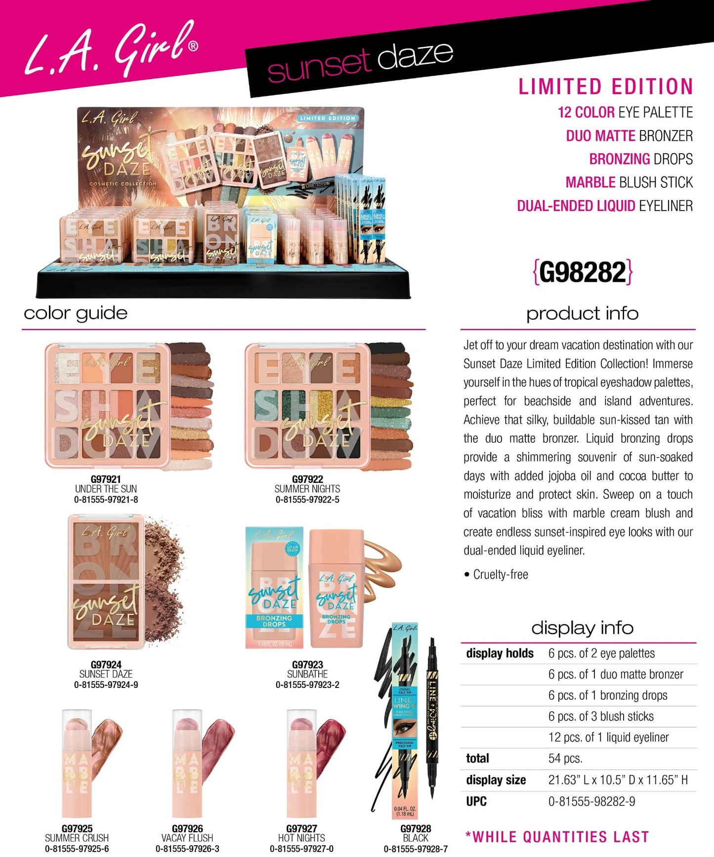 LA Girl - Sunset Daze Collection - Eyeshadow - Bronzer - Bronzing Drops - Marble Blush - Eyeliner #G98282B / 54pcs Display