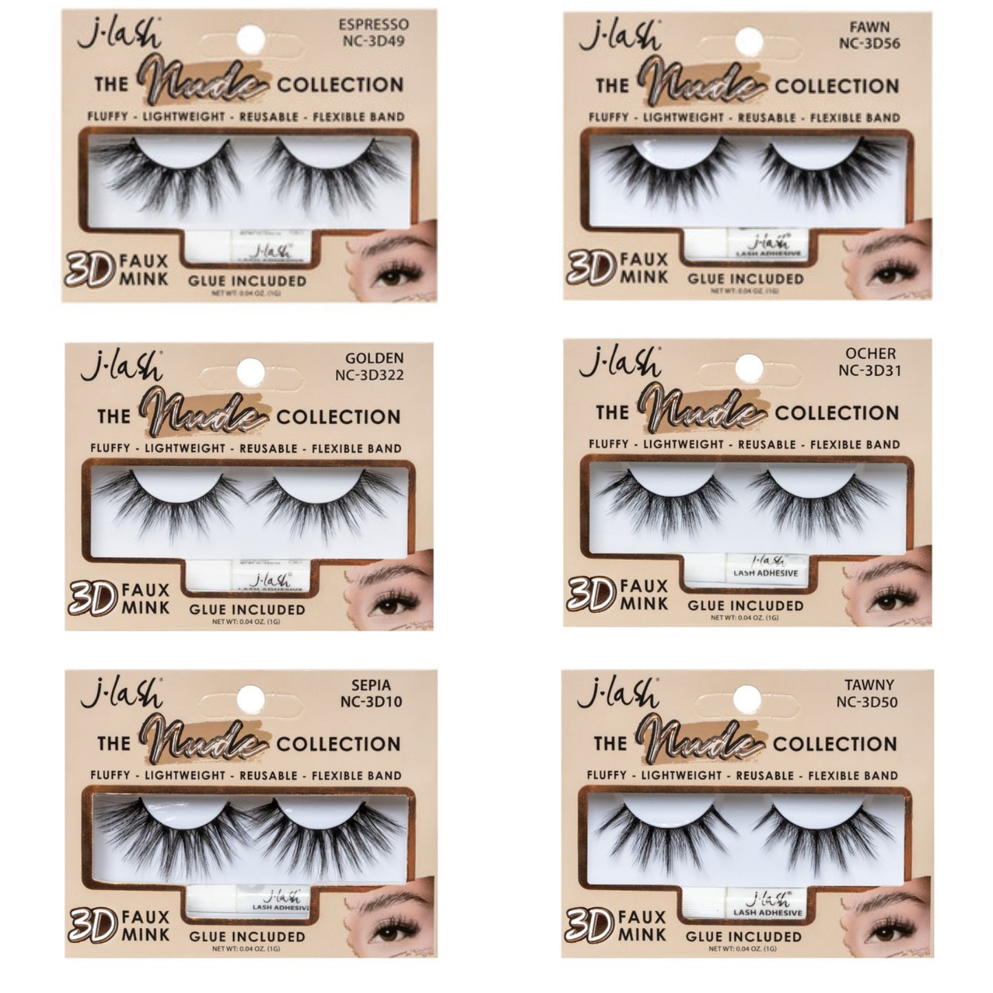 J LASH - THE NUDE COLLECTION  - 3D FAUX MINK & LASH GLUE - SET B / 36PCS DISPLAY