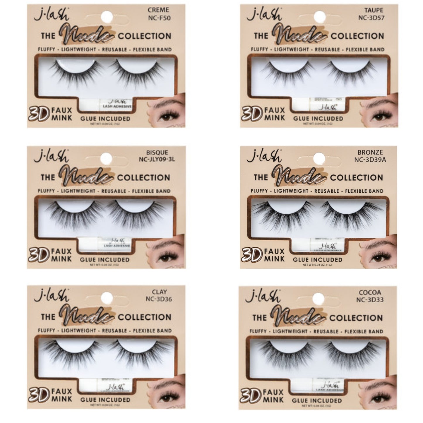 J LASH - THE NUDE COLLECTION  - 3D FAUX MINK & LASH GLUE - SET A / 36PCS DISPLAY