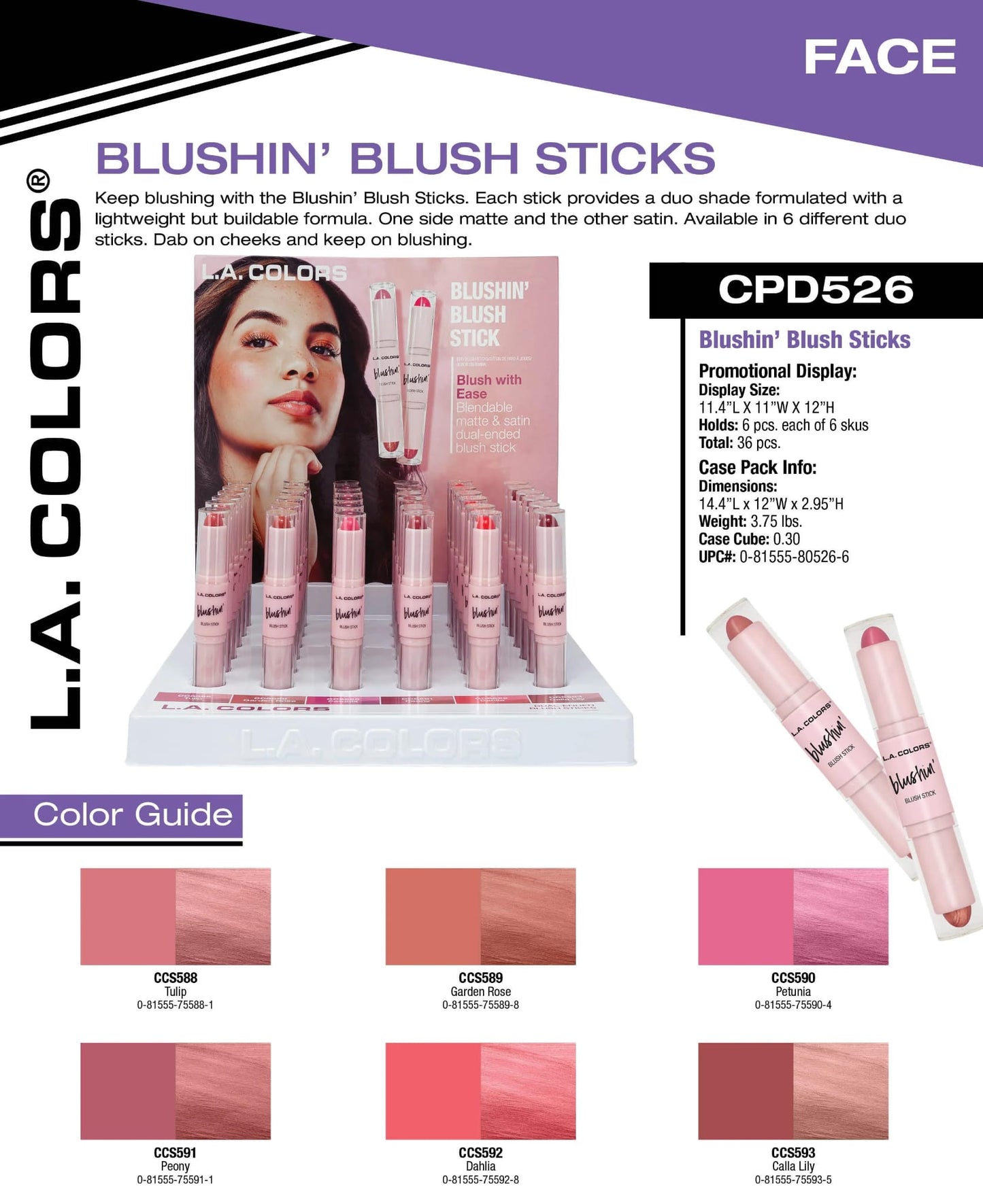 LA COLORS - Blusing Blush Stick - Dual-Ended Blush Sticks #CPD526B / 36pcs Display