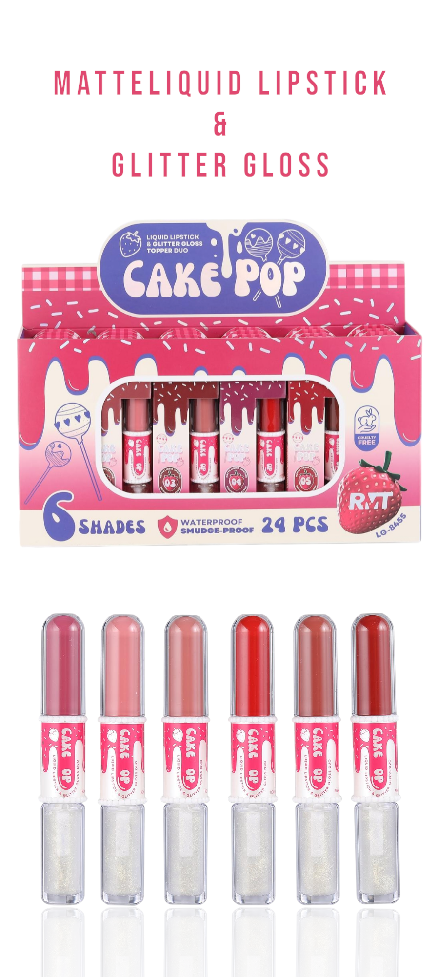 ROMANTIC BEAUTY  Cake Pop Matte Liquid Lipstick  & Glitter Gloss Topper Duo #LG-8455 | 24pcs Display