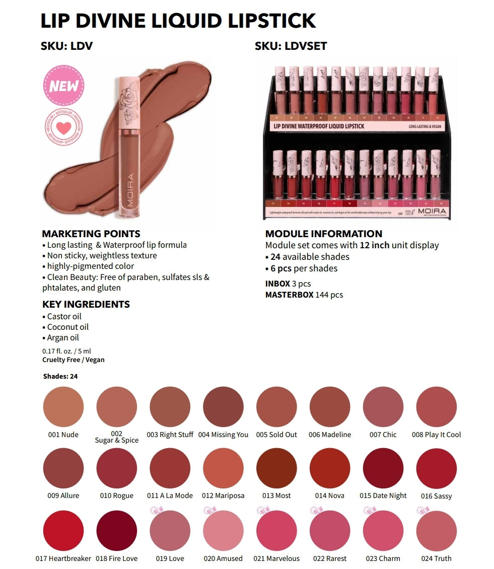 Moira Lip Divine Liquid Lipstick #LDVSET w/ Display | 144pcs Display  + Tester