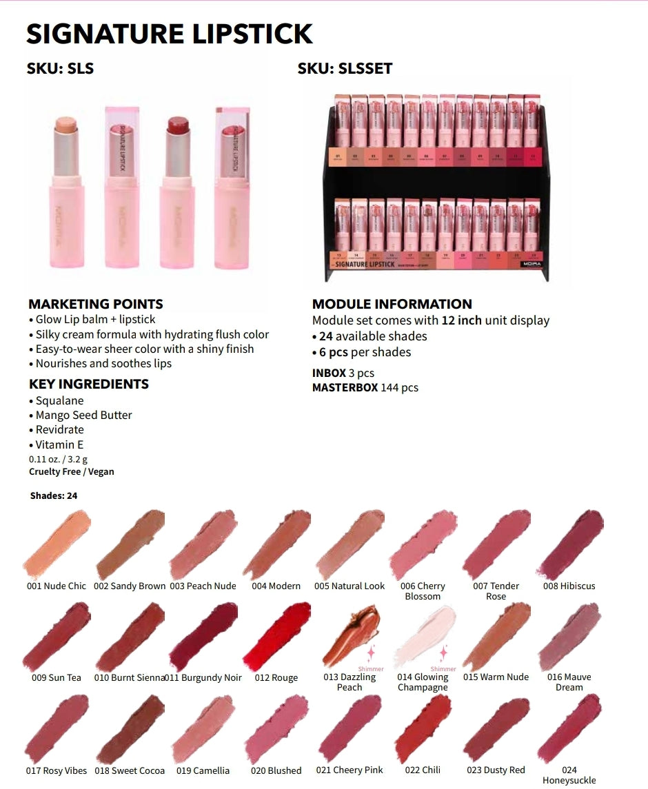 MOIRA Signature Lipstick Balm Texture  + Lip Shine #STLSET w/ Display 144pcs Display + Tester