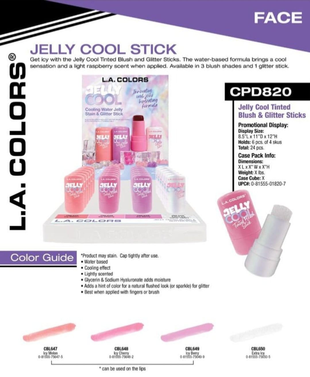 LA COLORS - Jelly Cool - Cooling Water Jelly Stain & Glitter Stick #CPD820B / 24pcs Display