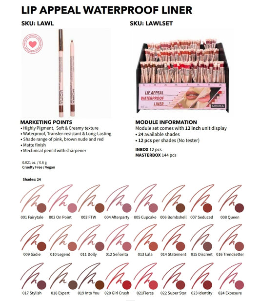 MOIRA Lip Appeal Waterproof Liner #LAWLSET w/ Display | 288pcs Display