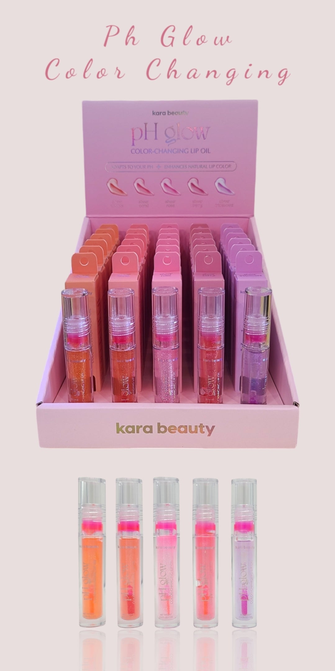 KARA BEAUTY Ph Glow Color-Changing Lip Oil | 30pcs Display + tester