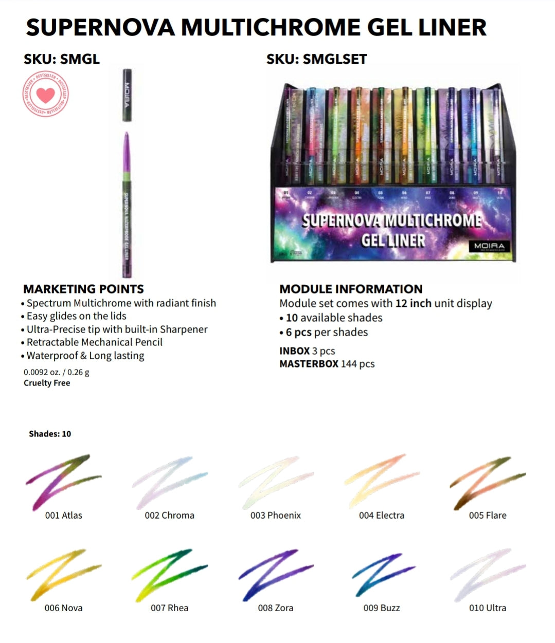 MOIRA SuperNova Multichrome Gel Liner #SMGLSET w/ Display 120pcs Display + Tester