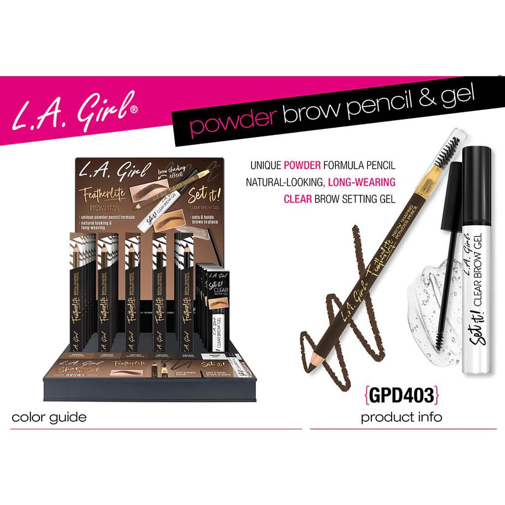 LA GIRL GPD403 Featherlite Brow Shaping Powder Pencil & Set It Clear Brow Gel w/ Display / 36pcs Display