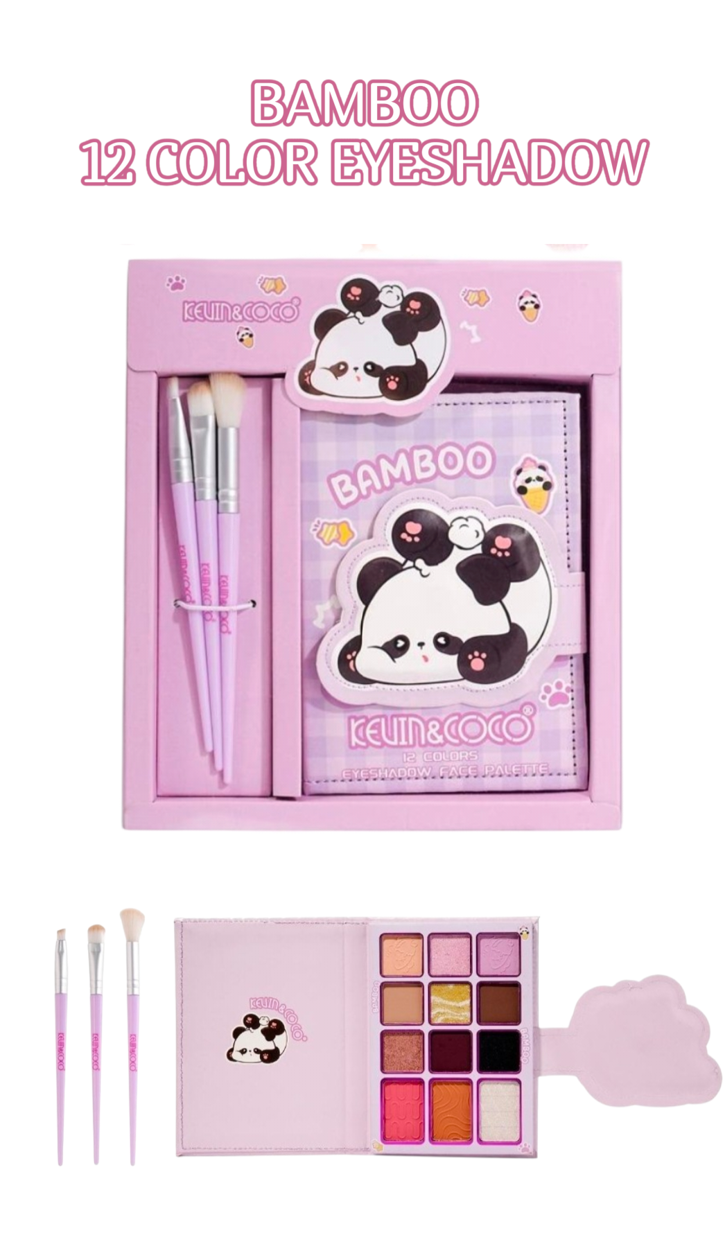 KEVIN&COCO Bamboo 12 Colors Eyeshadow Face Palette w/ Brush / 3Set pack