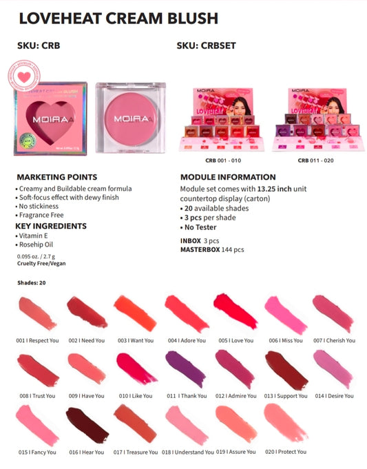 MOIRA Loveheat Cream Blush #CRBSET w/ Display display + tester