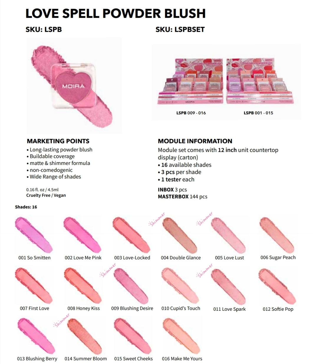 MOIRA Love Spell Powder Blush w/ Display 48pcs Display + Tester