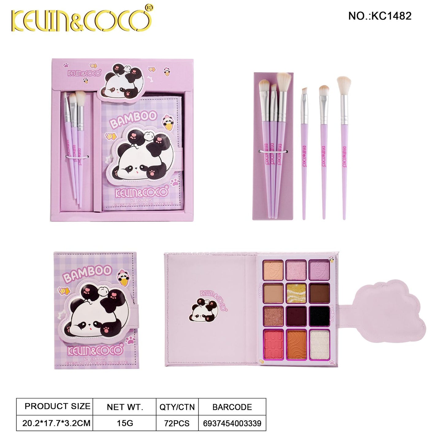 KEVIN&COCO Bamboo 12 Colors Eyeshadow Face Palette w/ Brush / 3Set pack