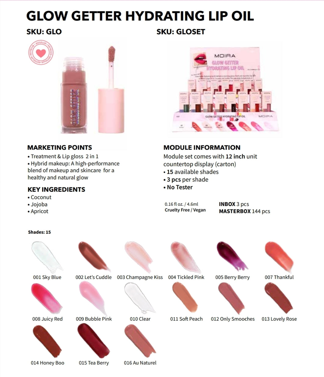 MOIRA Glow Getter Hydrating Lip Oil w/ Display 45pcs Display