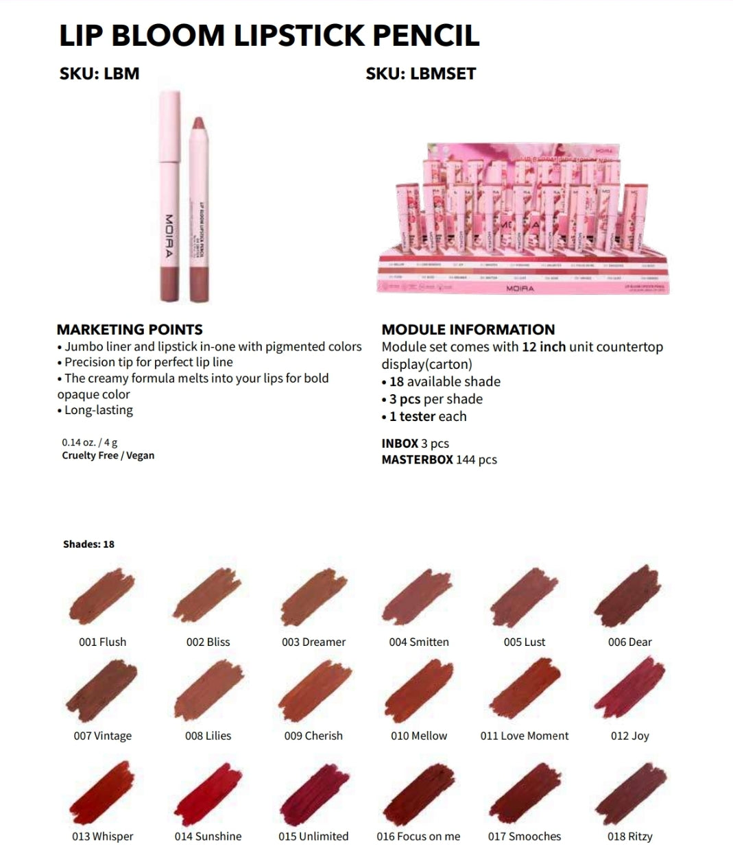 MOIRA Lip Bloom Lipstick Pencil w/Display 54pcs Display + Tester